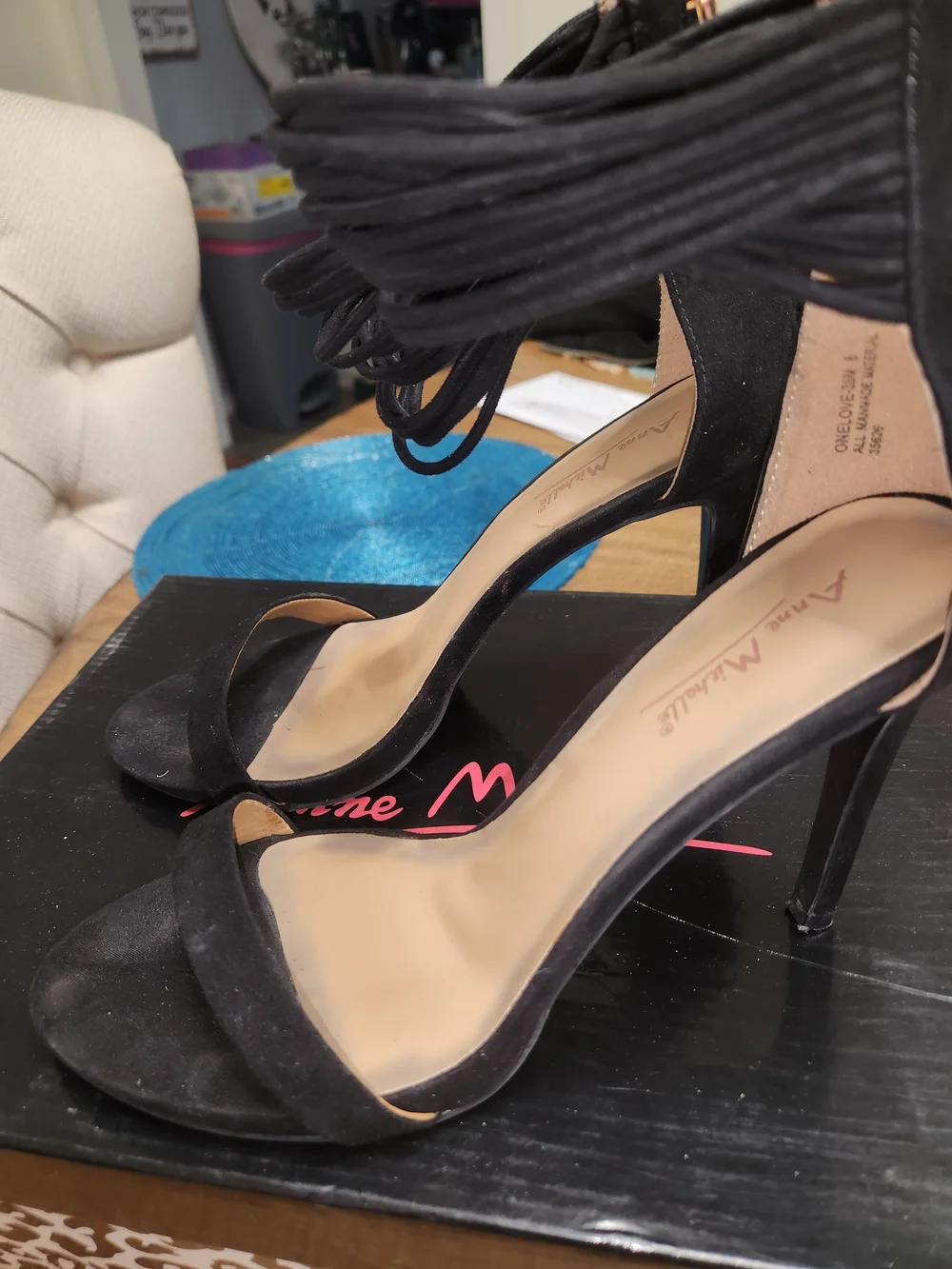 Anne Michelle Black Suede Ankle-Wrap Heeled Sandals